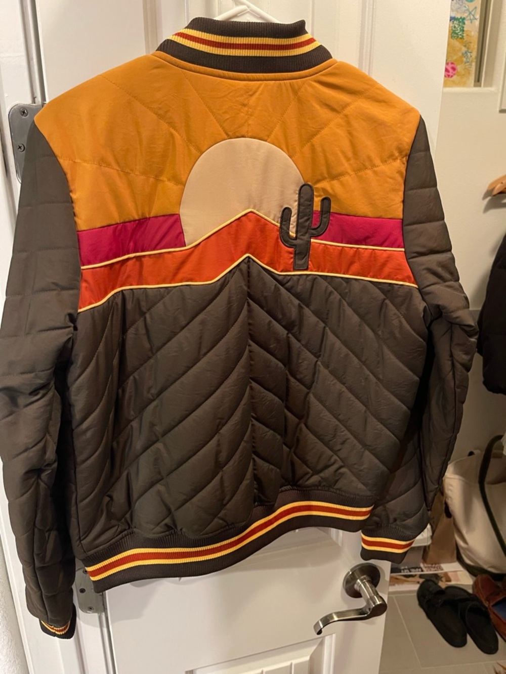 Quilted Bomber Jacket in Brown & Mustard with Red Accent - Picture 2 of 4